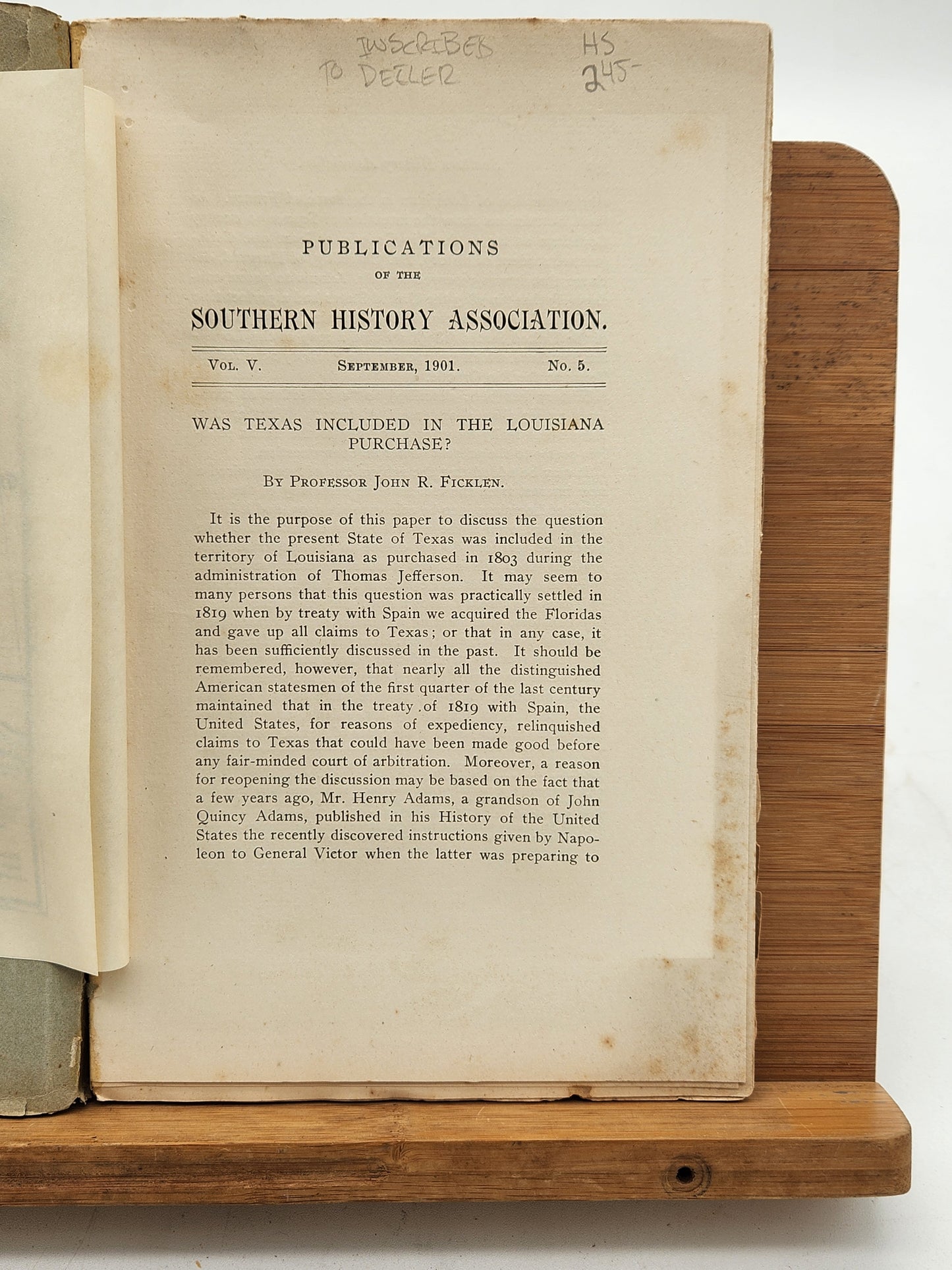 1901 Southern History Association journal with fold-out Louisiana Purchase map and inscription—early Southern historical publication.