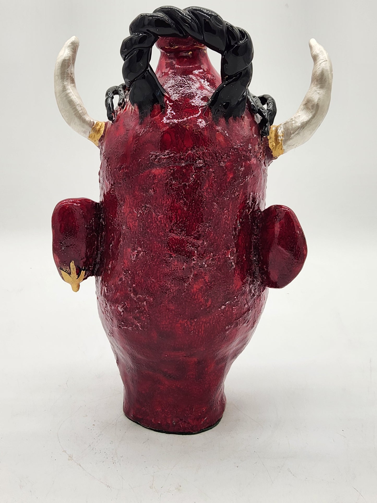 One-of-a-Kind Devil Face Jug Ceramic Sculpture Folk Art Pottery Red Glazed - Horns - Southern Style