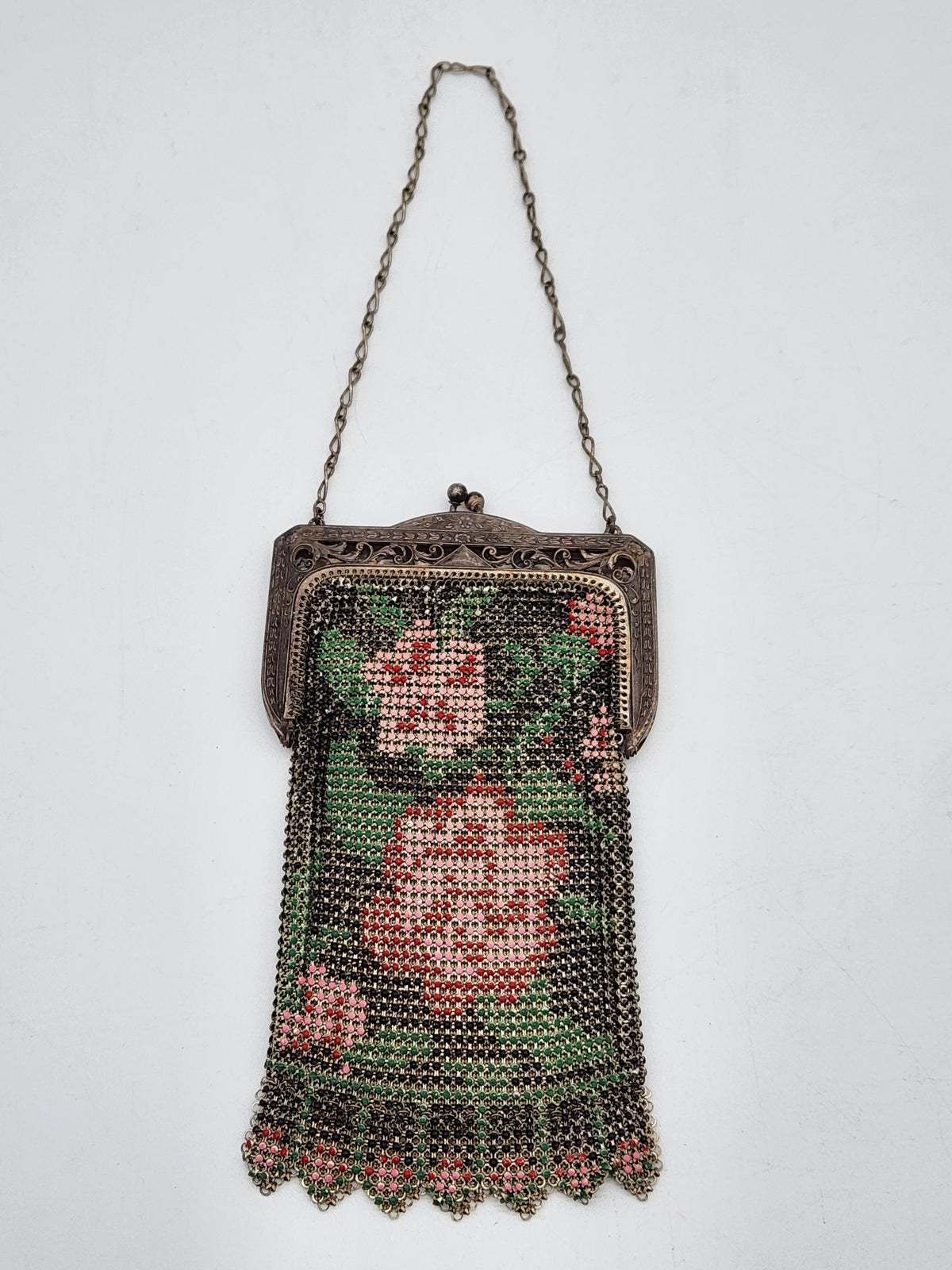 Antique Whiting & Davis Painted Enamel Mesh Purse Flapper Handbag Floral Rose 1920s