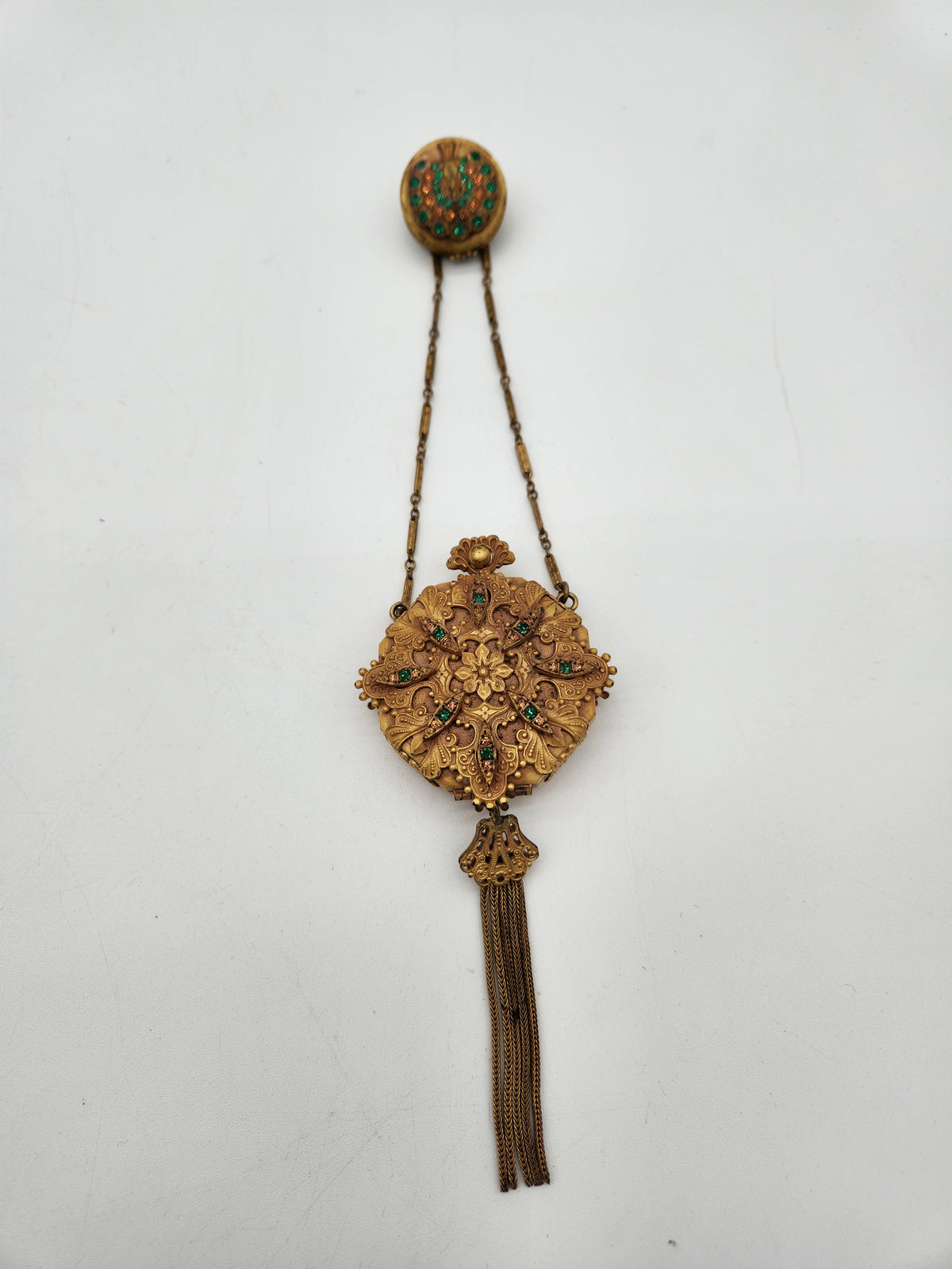 Antique 1920s Art Deco Dance Compact Wristlet Tassel Jeweled Peacock Locket Rouge