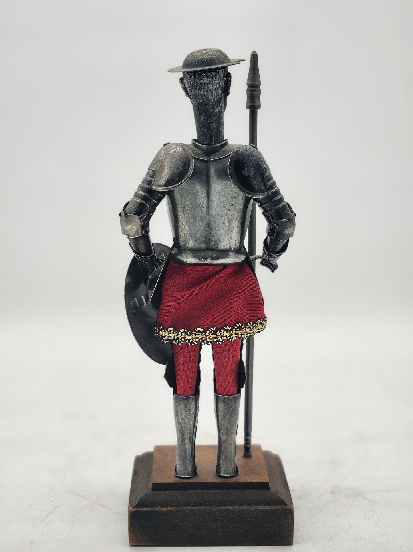 Vintage Don Quixote Metal Knight Statue Spear Shield Red Skirt Wood Base Spain