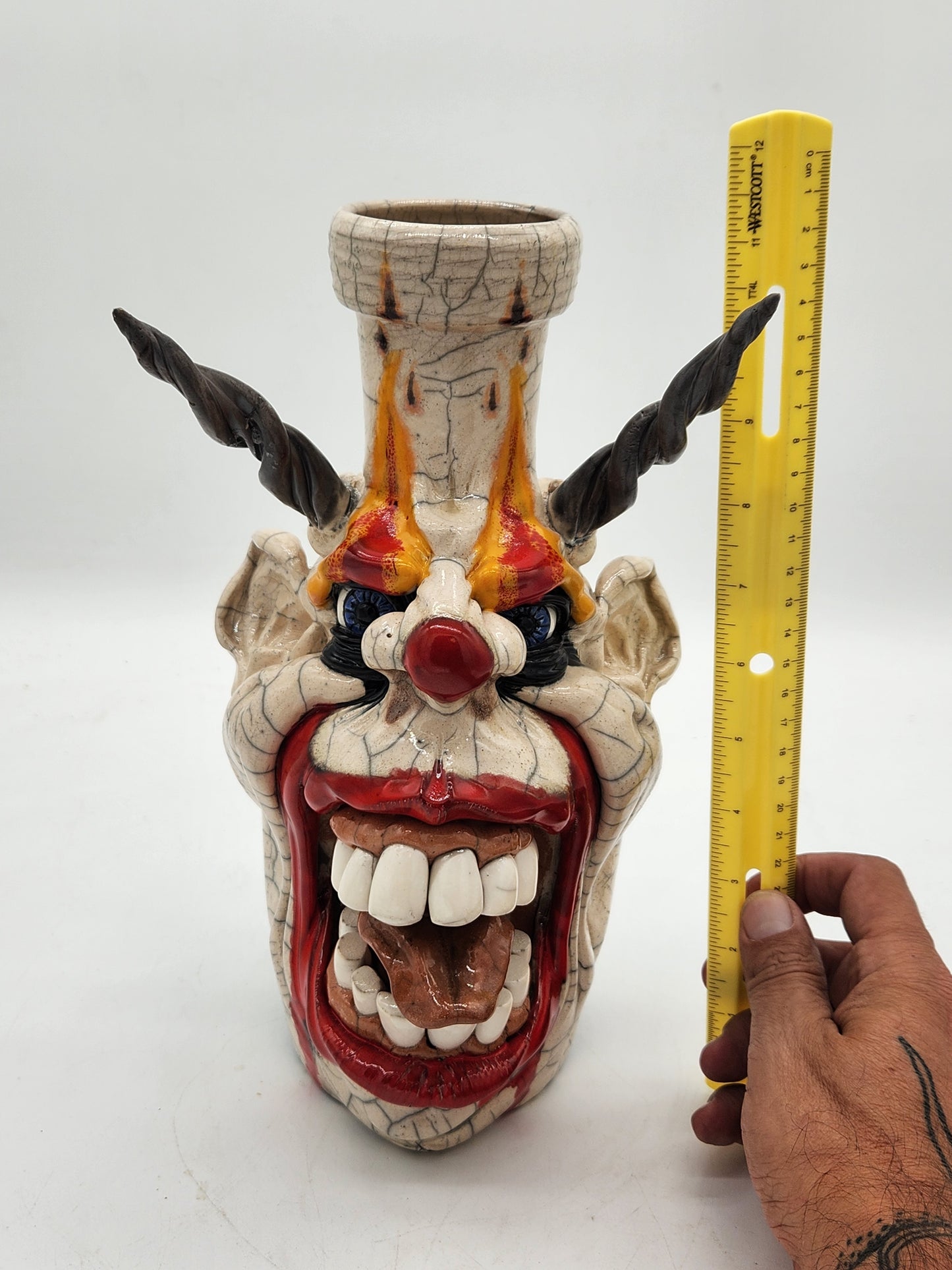 Crackled Clown Demon Face Jug Sculpture – Signed & Marked – Twisted Horns – One-of-a-Kind