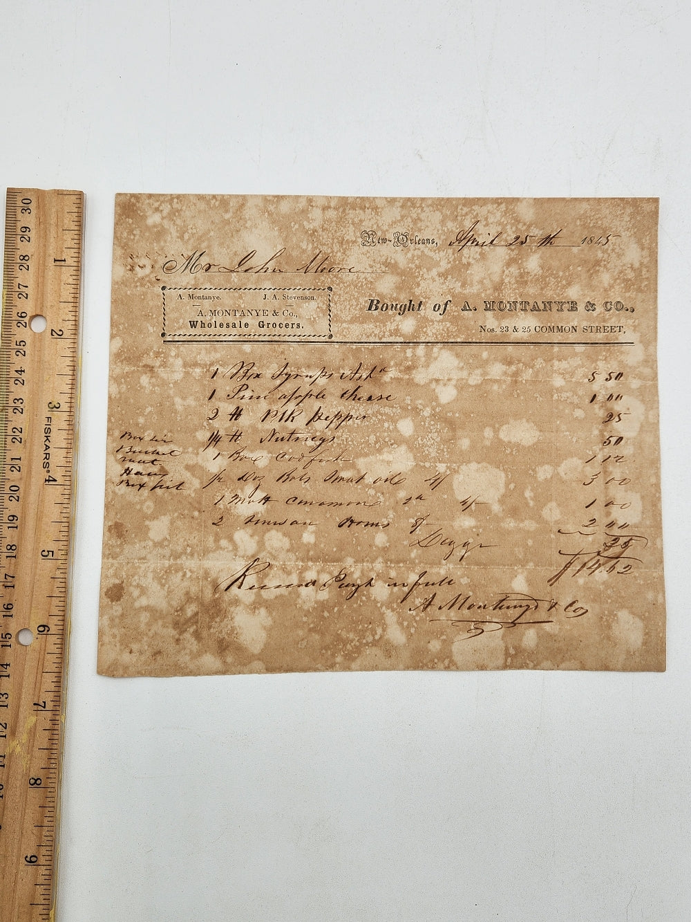 A. Montanye & Co. Wholesale Grocers receipt from April 25th 1845