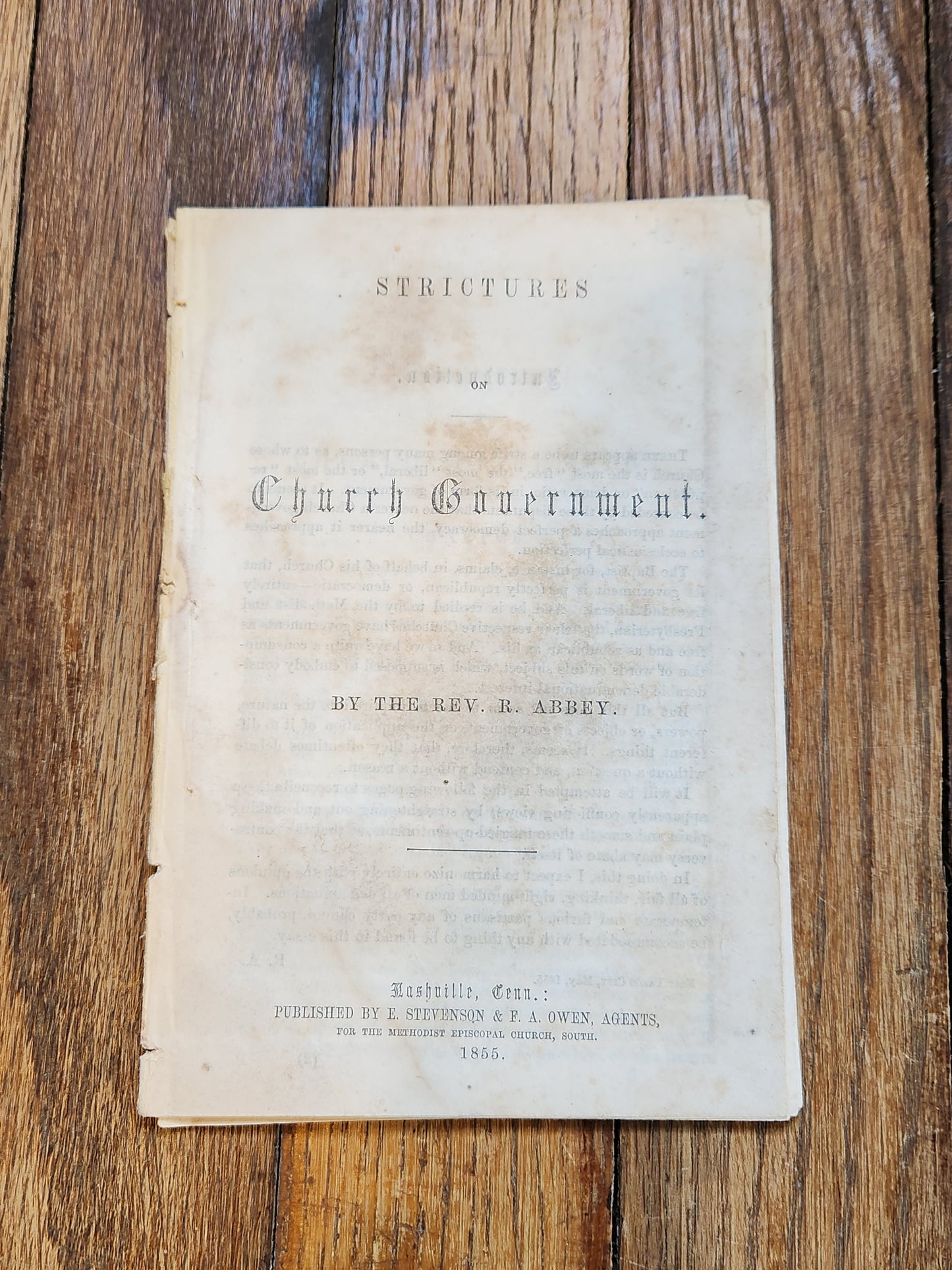 1855 Strictures on Church Government Rev. R. Abbey — Early Methodist Episcopal South Pamphlet, Nashville