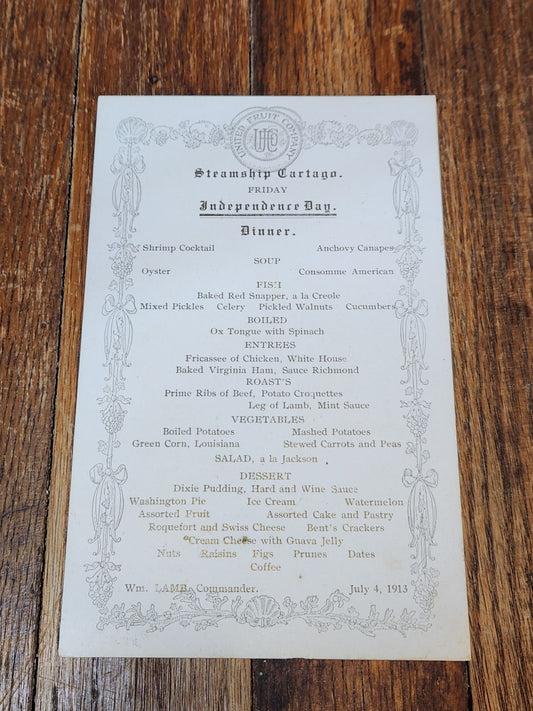 1913 United Fruit Company, Independence Day Dinner Menu