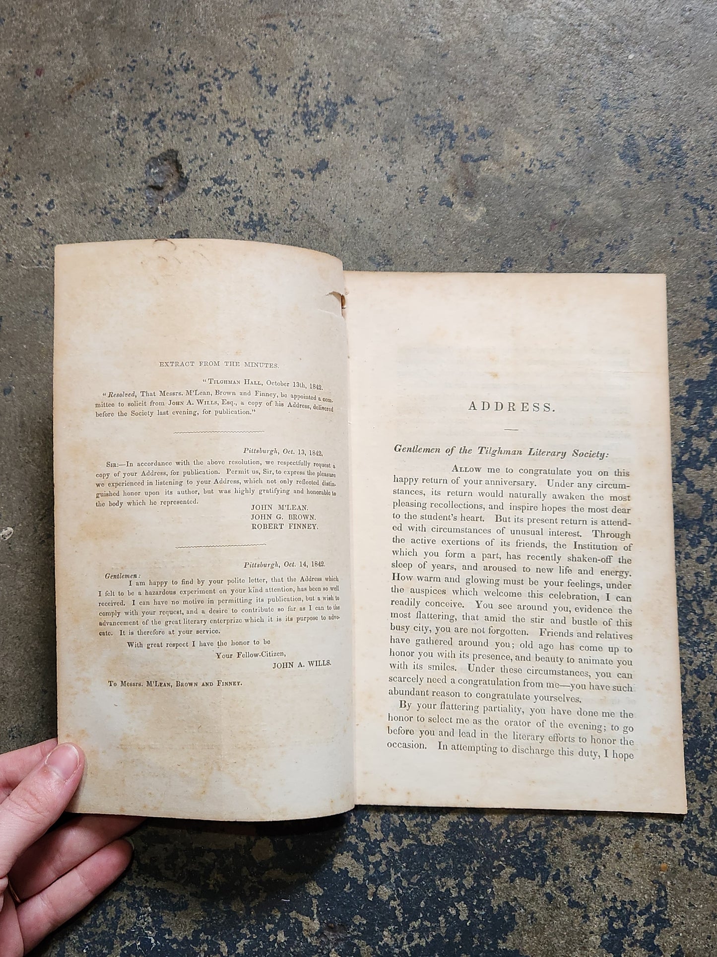 1842 An Address Before the Tilghman Literary Society — Western University of Pennsylvania — John A. Wills — Early Pittsburgh Imprint