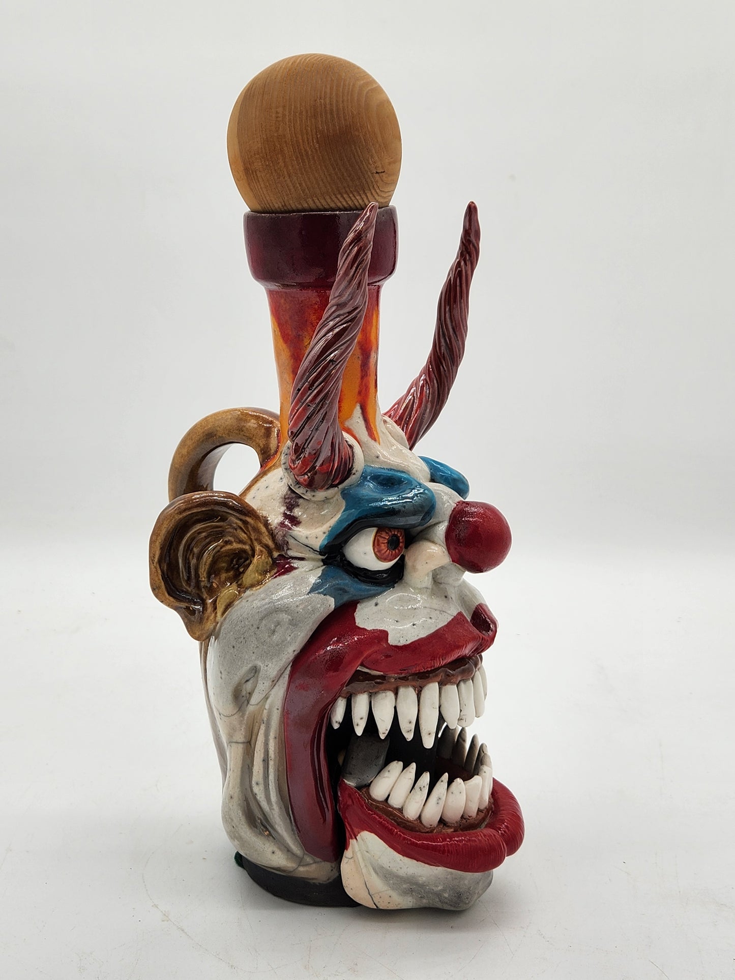 Kinetic Horned Clown Face Jug – Studio Art Pottery Sculpture – Signed “IX” – Mouth Opens – One-of-a-Kind