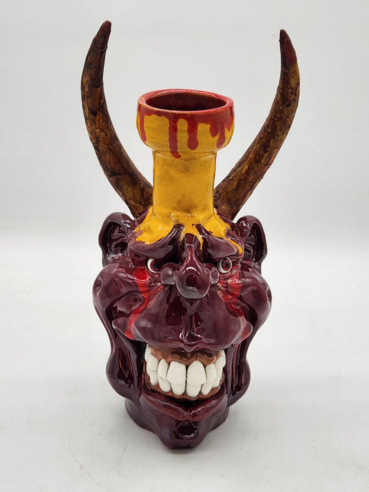 One-of-a-Kind Horned Demon Sculpture – Studio Art Pottery Face Jug – Signed & Marked