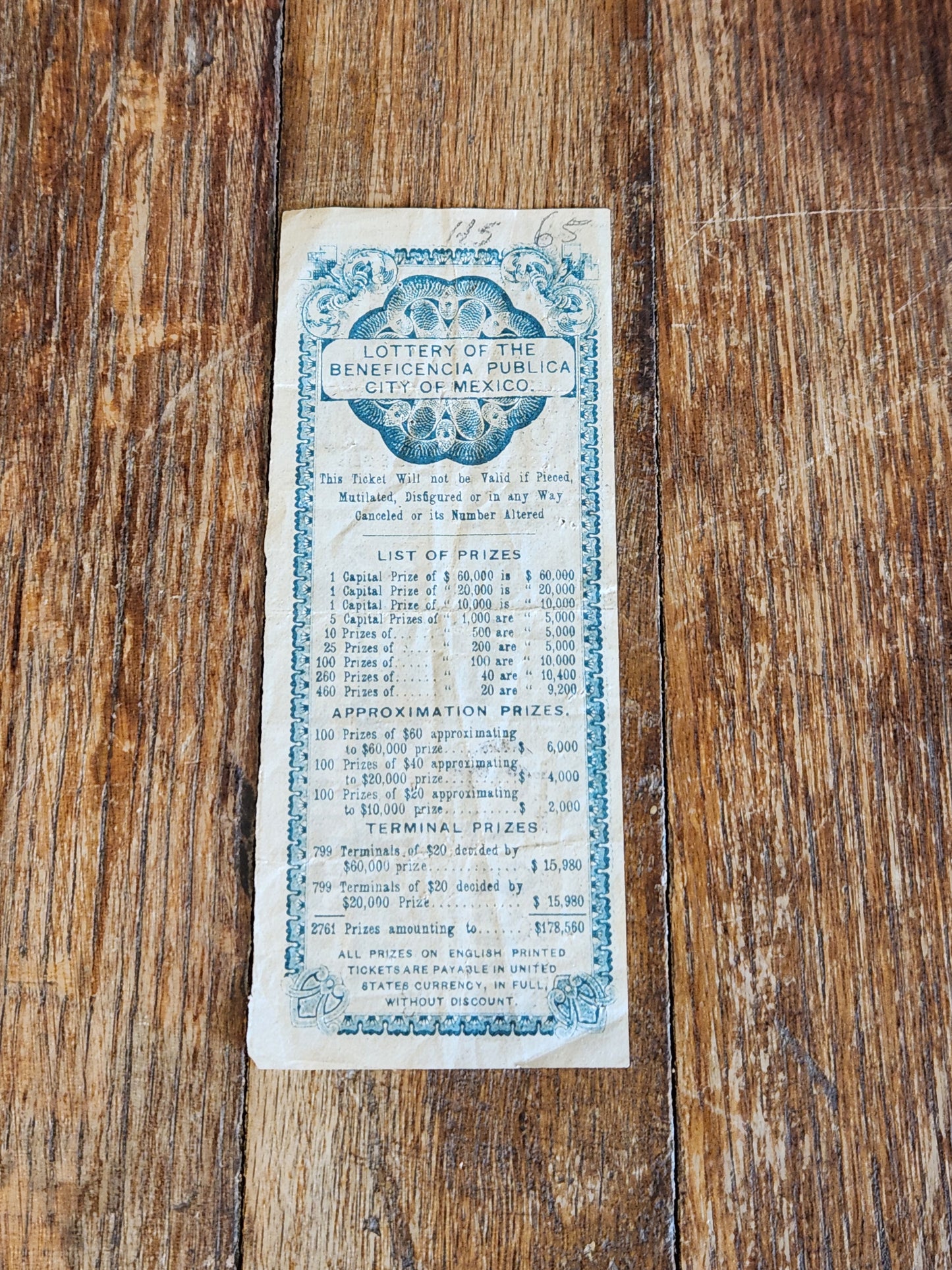 1903 Mexico Lottery Ticket Beneficencia Pública City of Mexico Unused 25¢