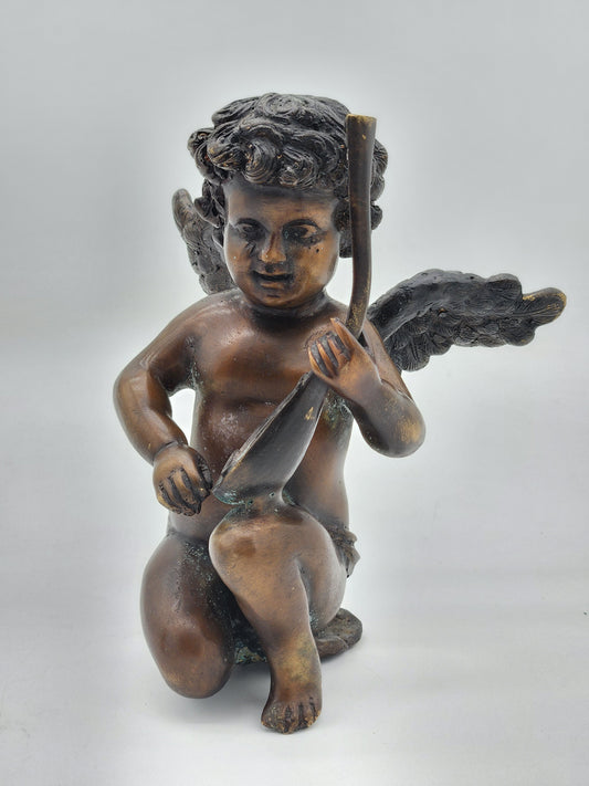 Antique Solid Bronze Kneeling Cherub Putto Clock Topper Ornament Statue 8 Inch