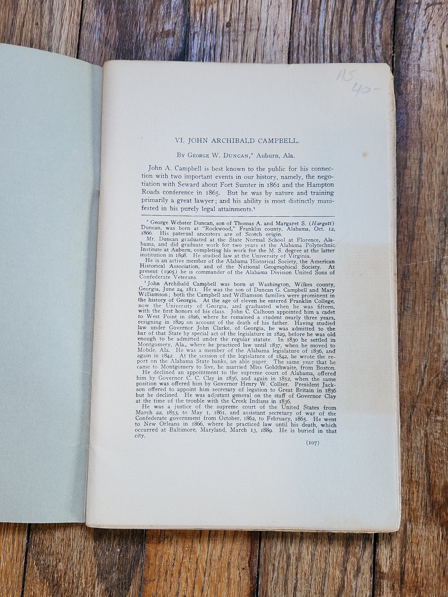 1905 John Archibald Campbell by George W. Duncan — Alabama Historical Society Reprint No. 33 — Confederate History Biography