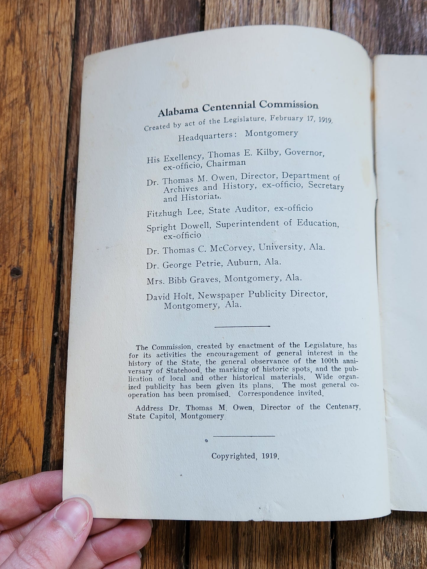 1919 “Alabama, or the Making of a State” – Marie Bankhead Owen – Alabama Centennial Commission Play