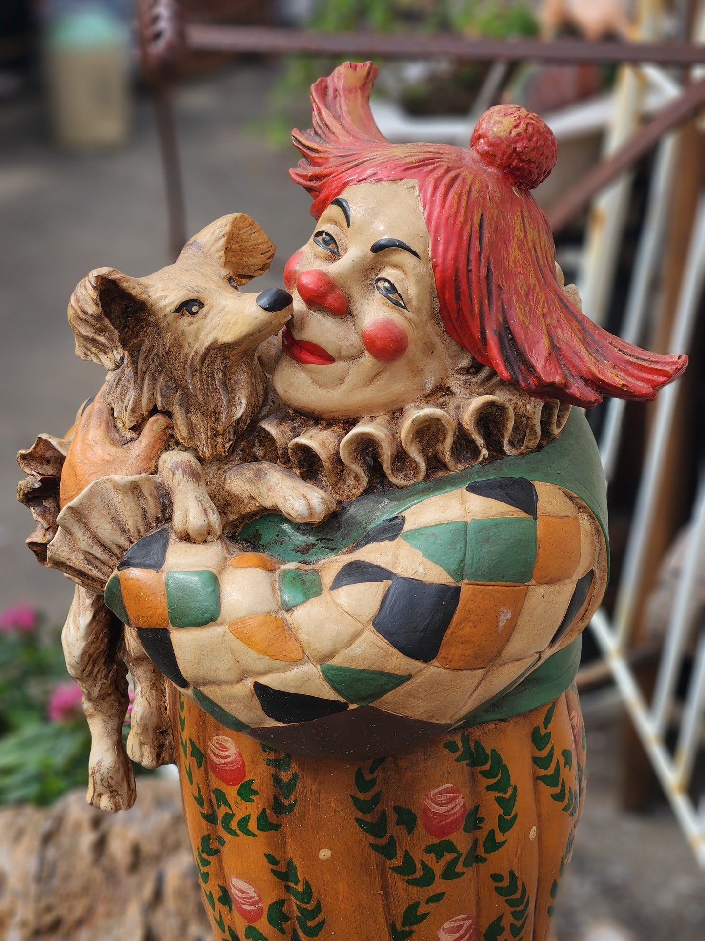 Hand Painted 1995 Jun Asilo Large Clown with Dog Sculpture