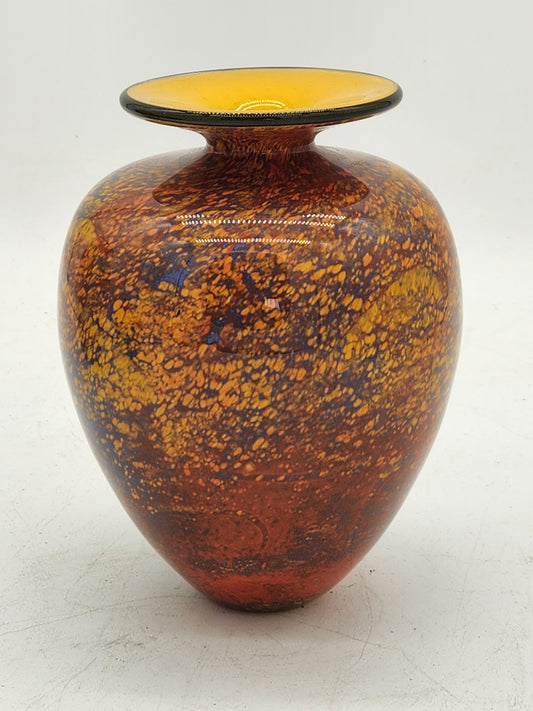 Ioan Nemtoi Signed Studio Art Glass Vase 6.5" Blue Amber Yellow Romanian Blown Glass