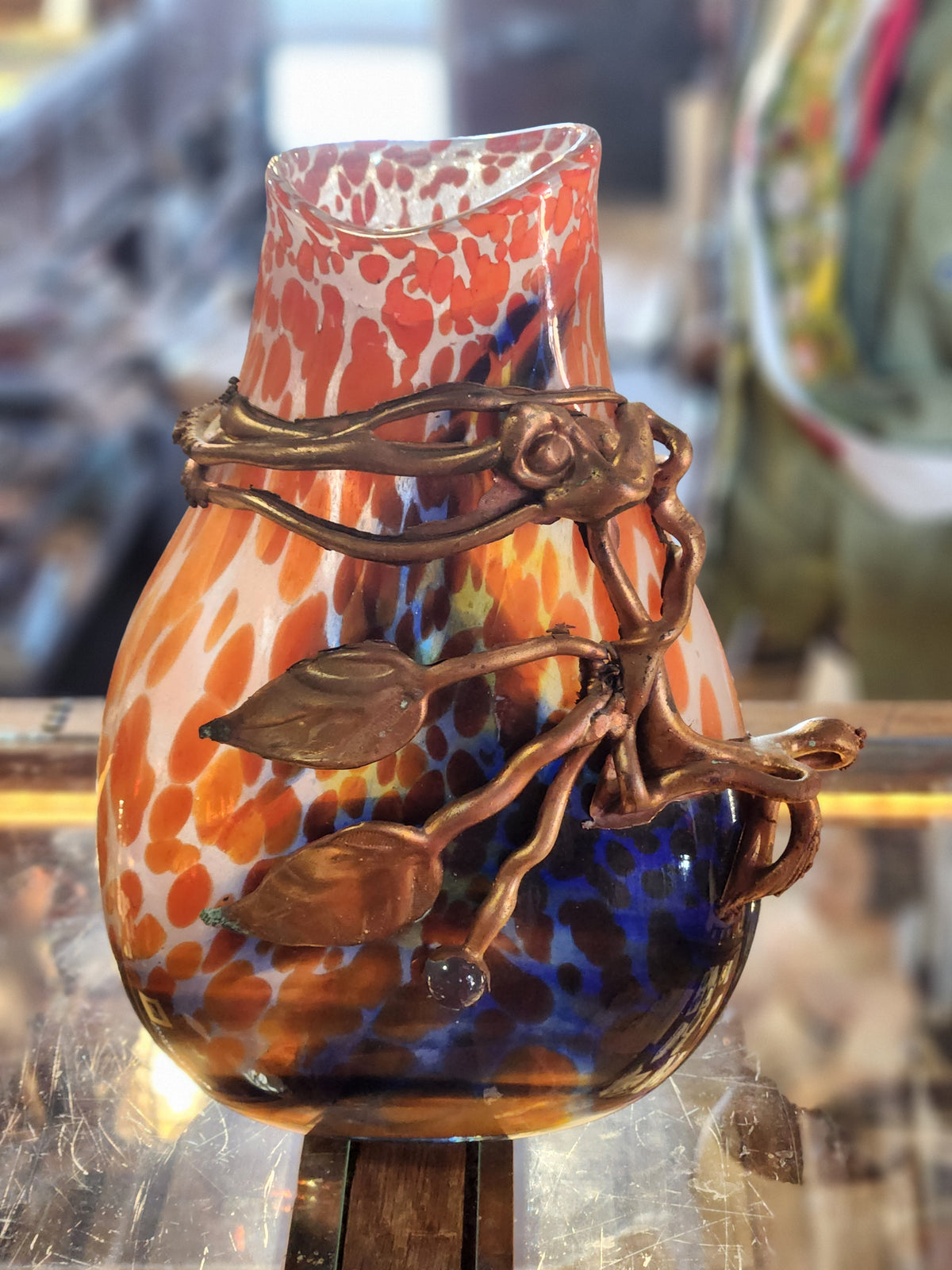 Art Nouveau Art Glass Vase w Bronze Vine Mount 10” Cobalt Blue Orange Frit c1900