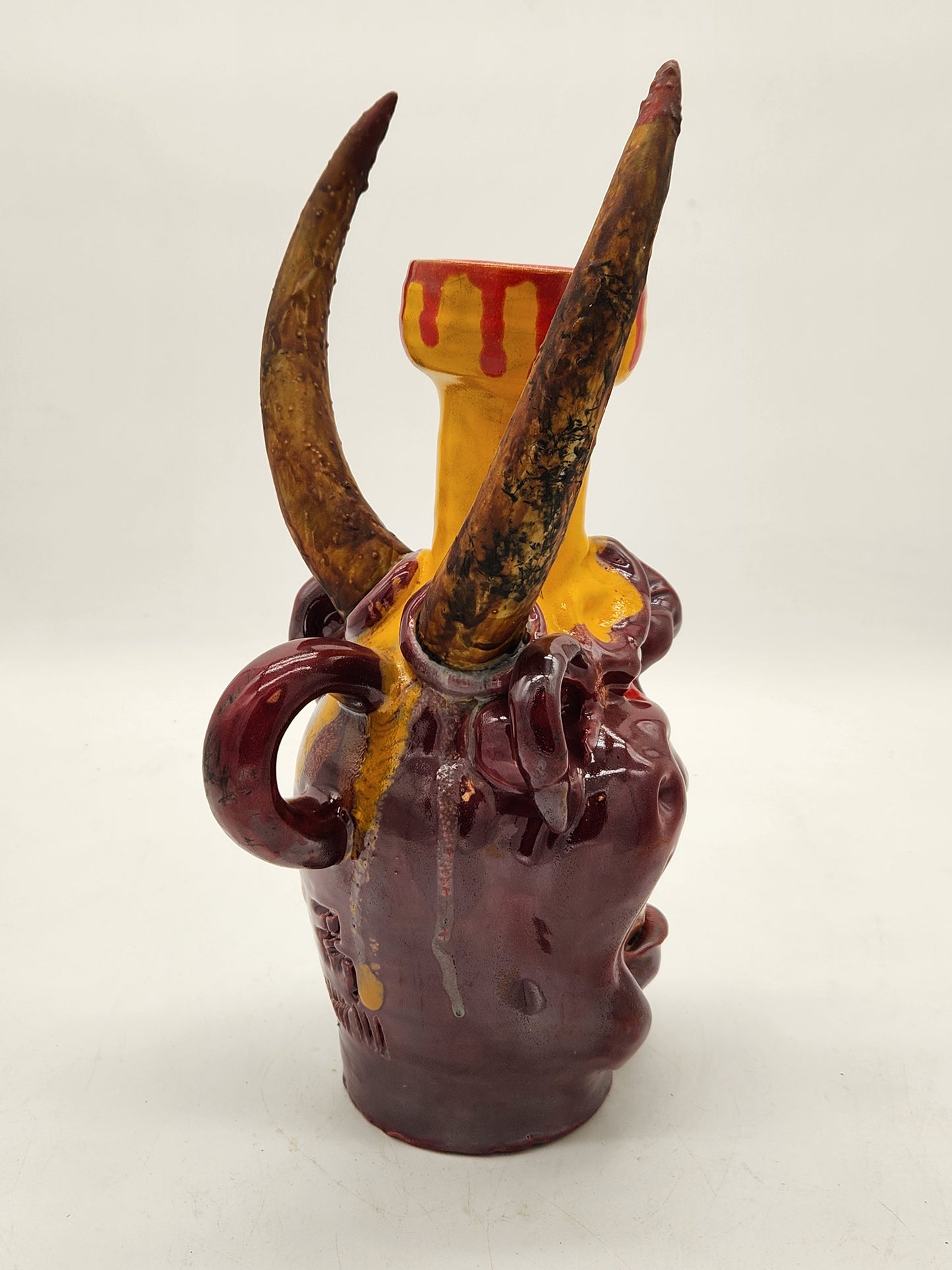 One-of-a-Kind Horned Demon Sculpture – Studio Art Pottery Face Jug – Signed & Marked