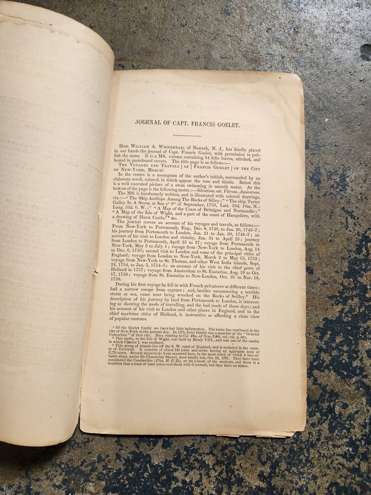 1870 Extracts from the Journal of Capt. Francis Goelet — Colonial New England Travel Account, Boston/Salem/Marblehead — Early Americana