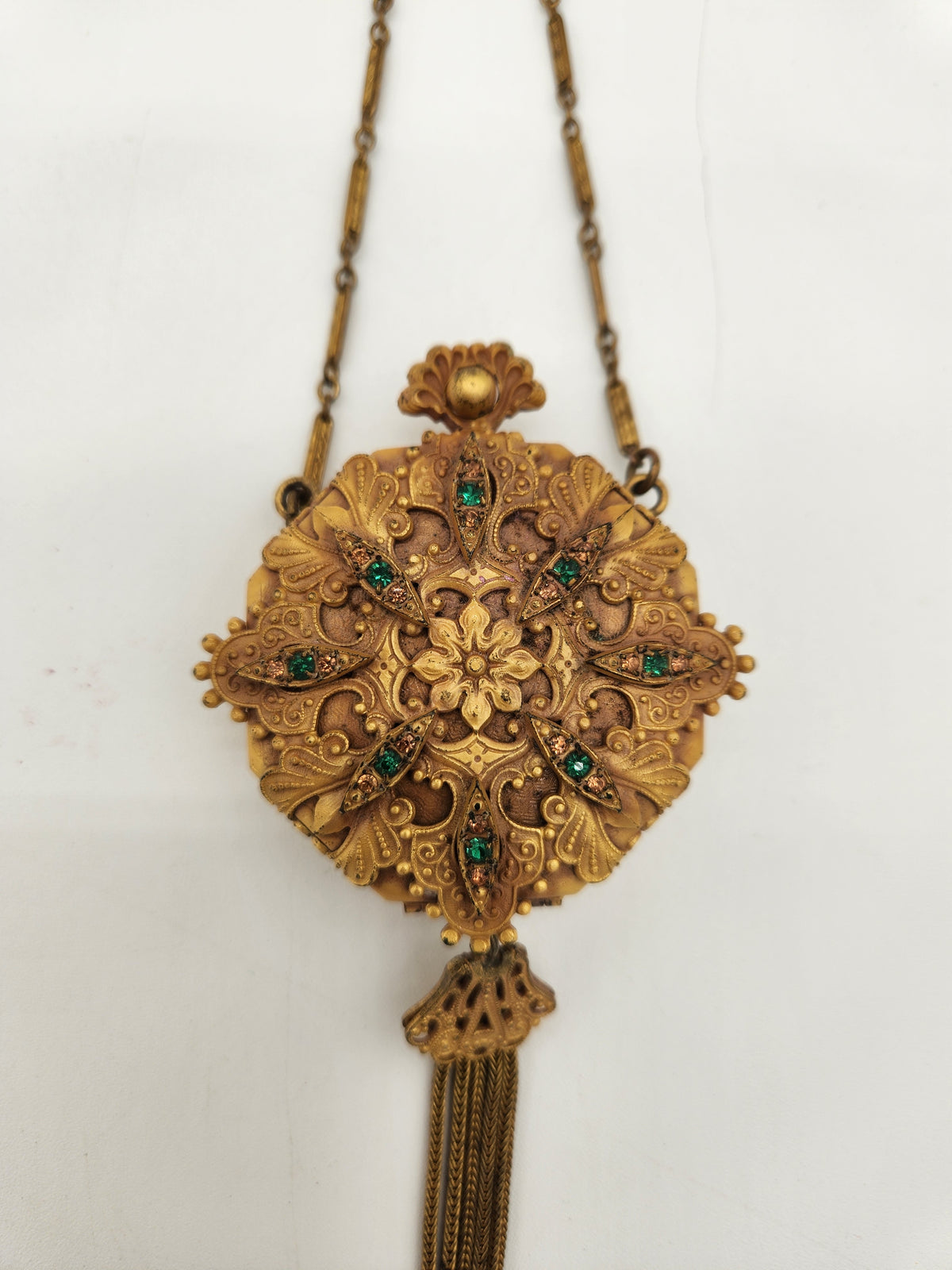 Antique 1920s Art Deco Dance Compact Wristlet Tassel Jeweled Peacock Locket Rouge