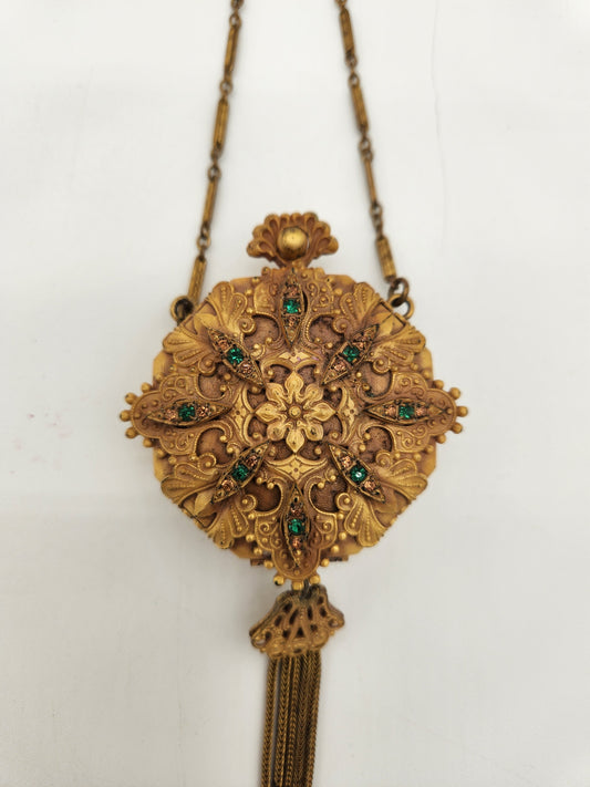Antique 1920s Art Deco Dance Compact Wristlet Tassel Jeweled Peacock Locket Rouge