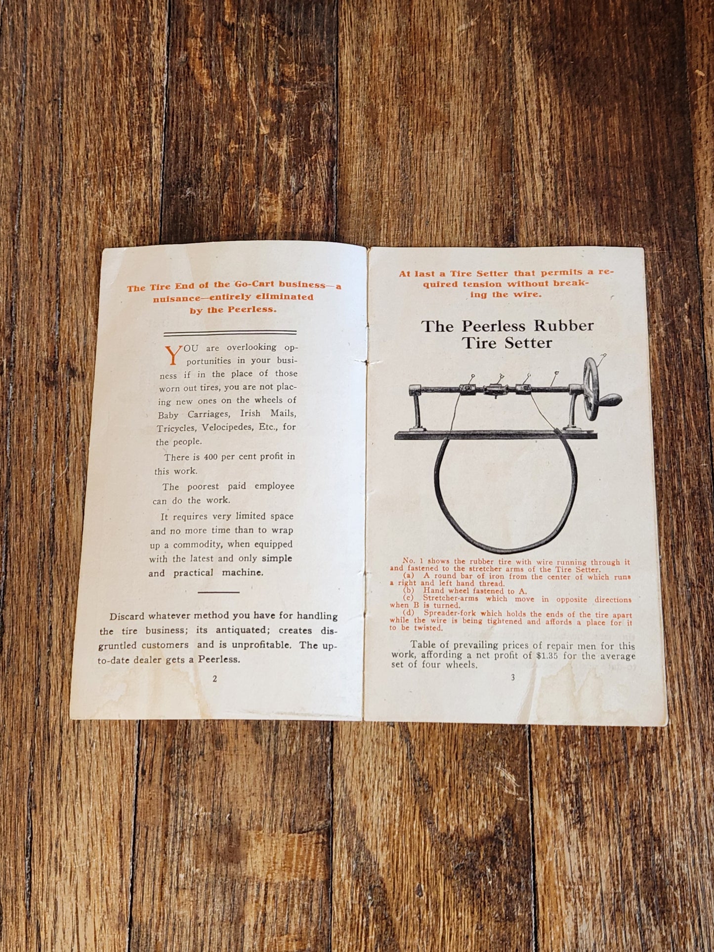 1908 Peerless Rubber Tire Setter Sales Booklet Detroit Bicycle Tool Ephemera