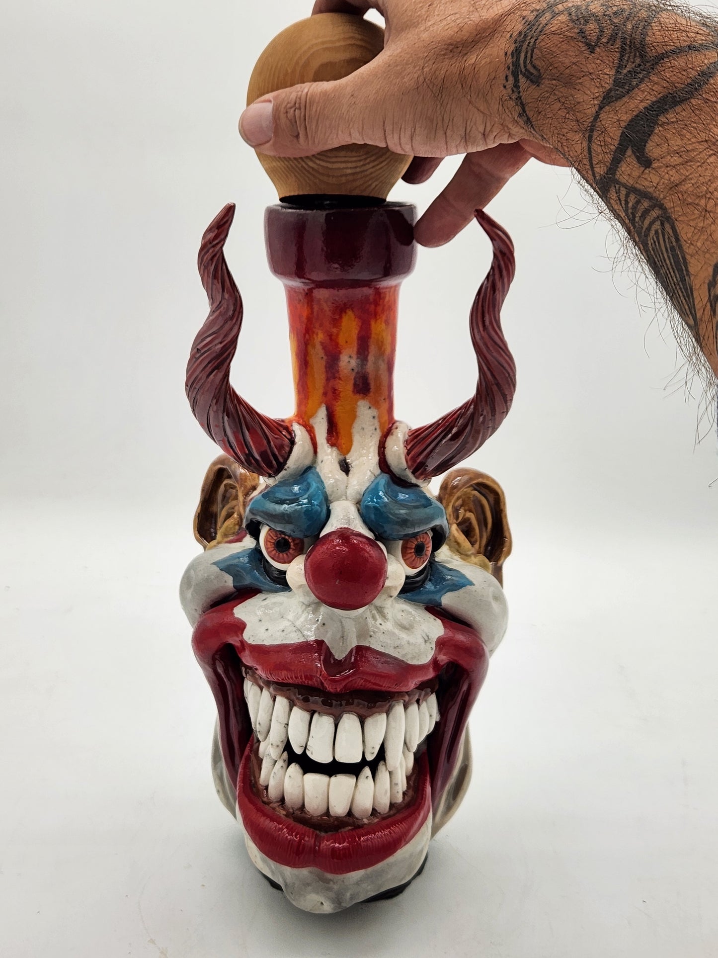 Kinetic Horned Clown Face Jug – Studio Art Pottery Sculpture – Signed “IX” – Mouth Opens – One-of-a-Kind