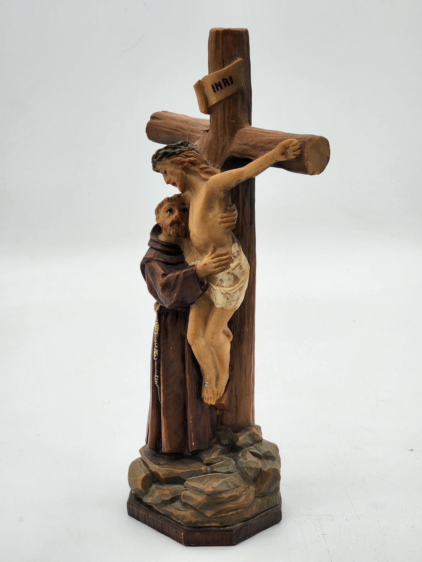 St Francis Embracing Jesus Christ on Cross Statue Figurine Wood Look Resin
