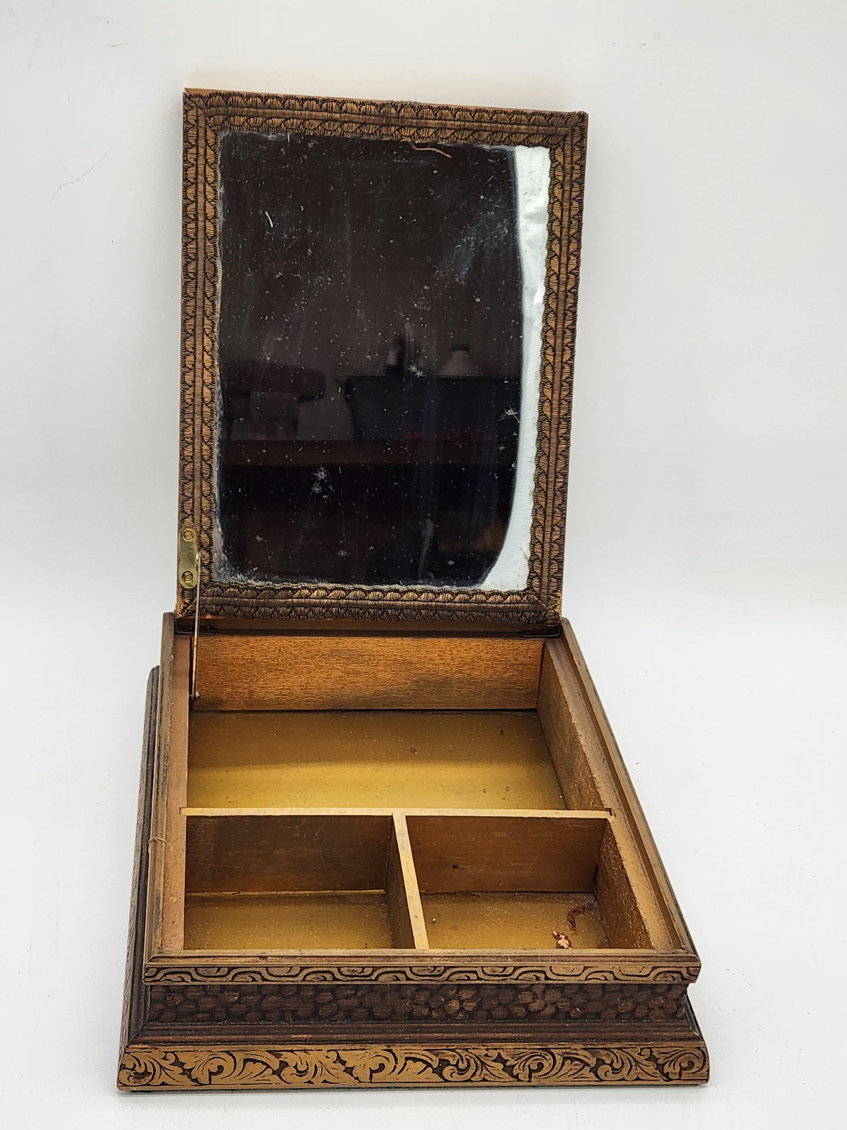 Antique Victorian French Courting Scene Vanity Dresser Box Hinged Mirror Wood Casket