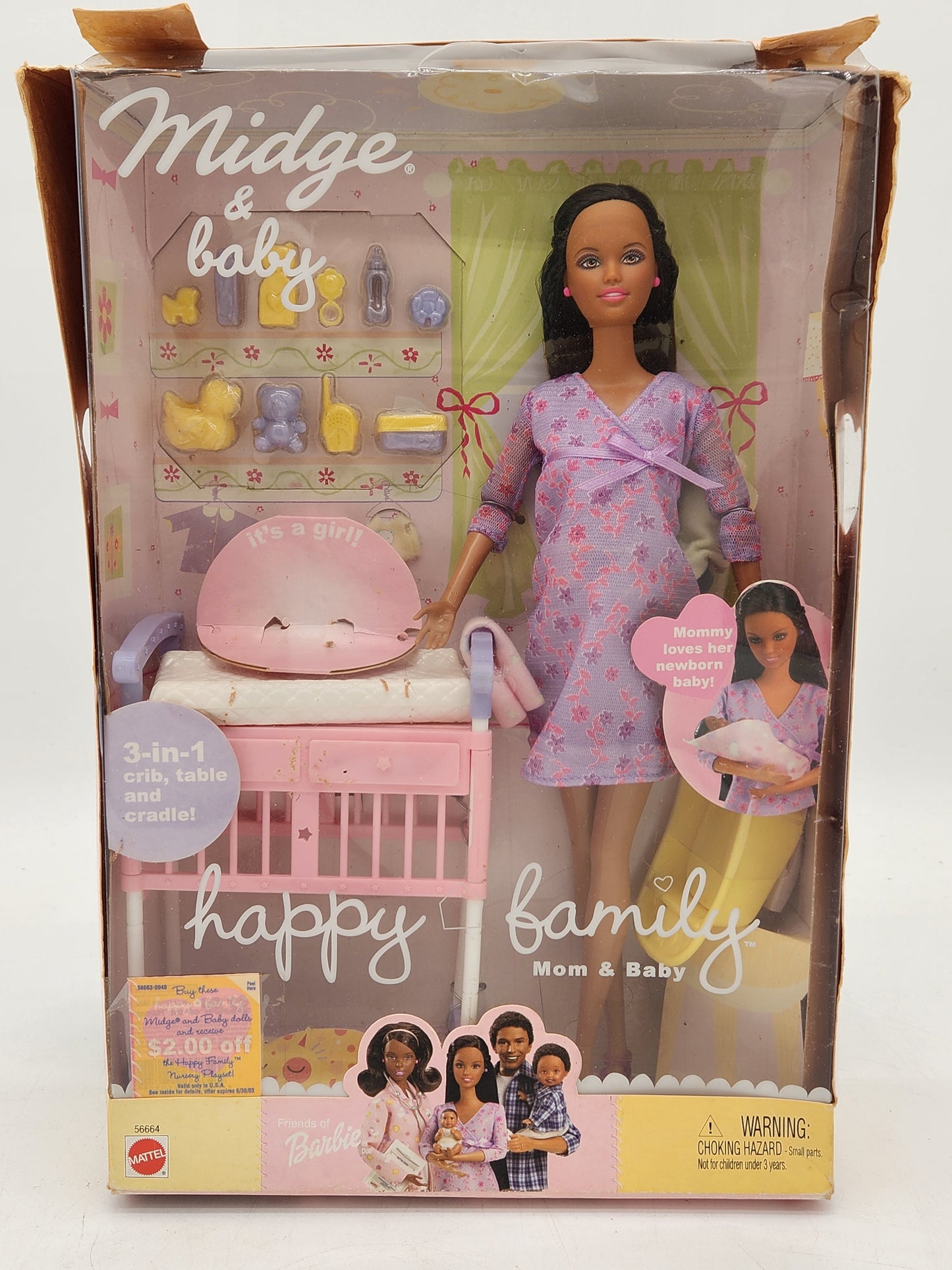 Rare Barbie Happy Family Midge & Baby African American pregnant doll set by Mattel. Complete in original box with accessories. Box has visible wear and crushing.