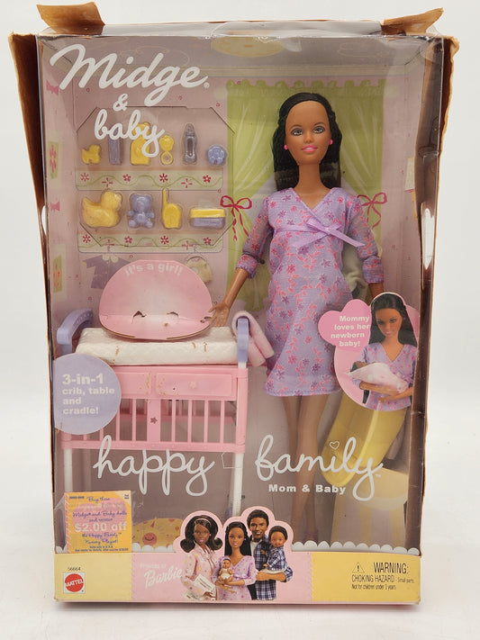 Rare Barbie Happy Family Midge & Baby African American pregnant doll set by Mattel. Complete in original box with accessories. Box has visible wear and crushing.