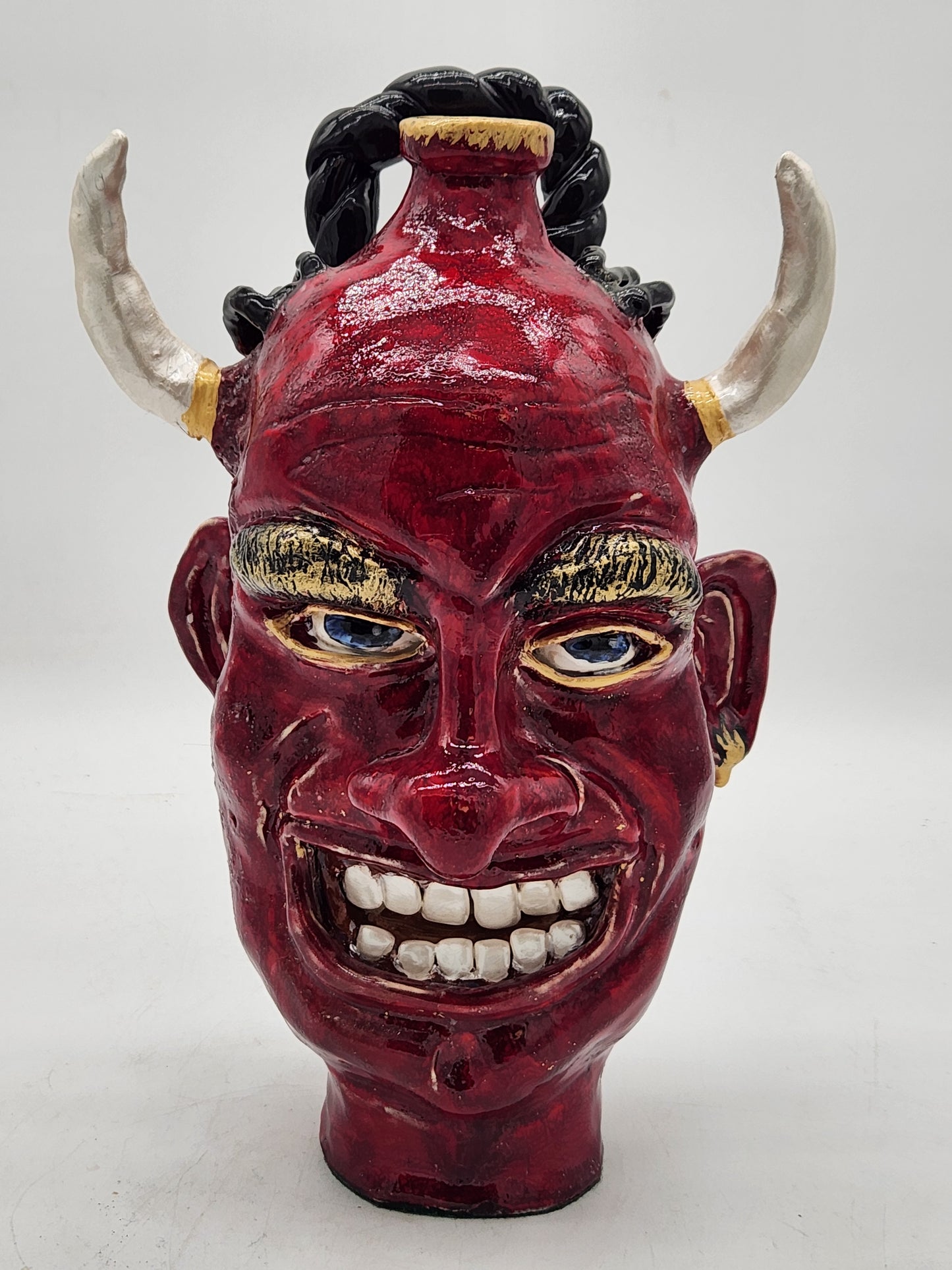 One-of-a-Kind Devil Face Jug Ceramic Sculpture Folk Art Pottery Red Glazed - Horns - Southern Style