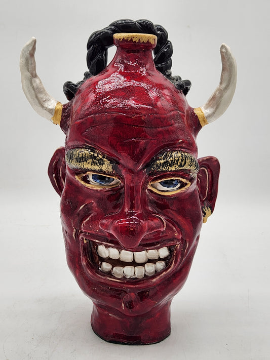One-of-a-Kind Devil Face Jug Ceramic Sculpture Folk Art Pottery Red Glazed - Horns - Southern Style