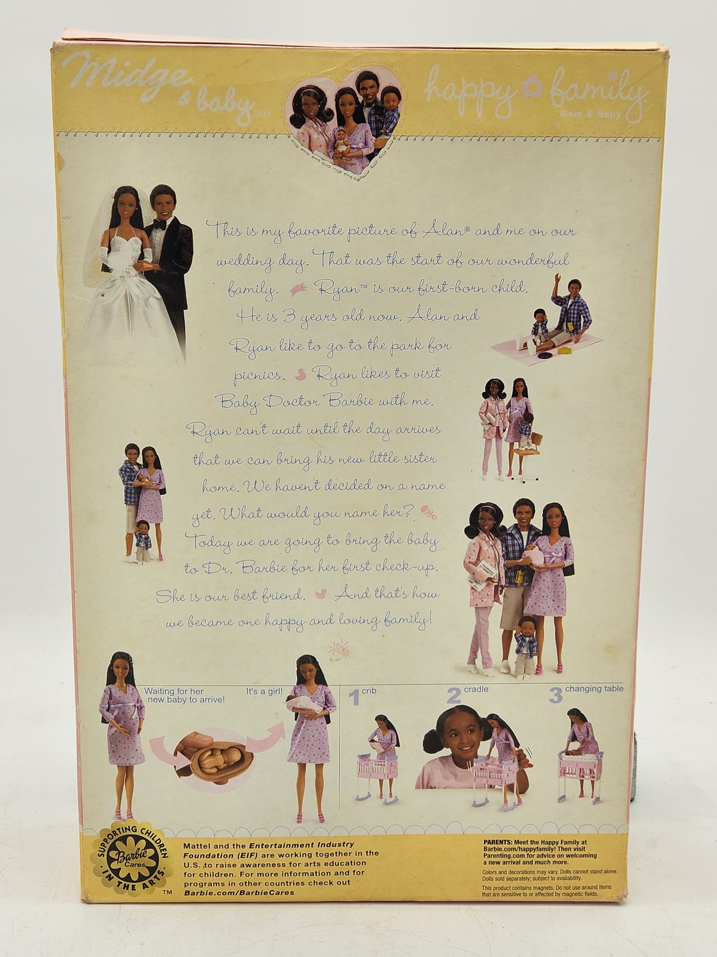 Rare Barbie Happy Family Midge & Baby African American pregnant doll set by Mattel. Complete in original box with accessories. Box has visible wear and crushing.
