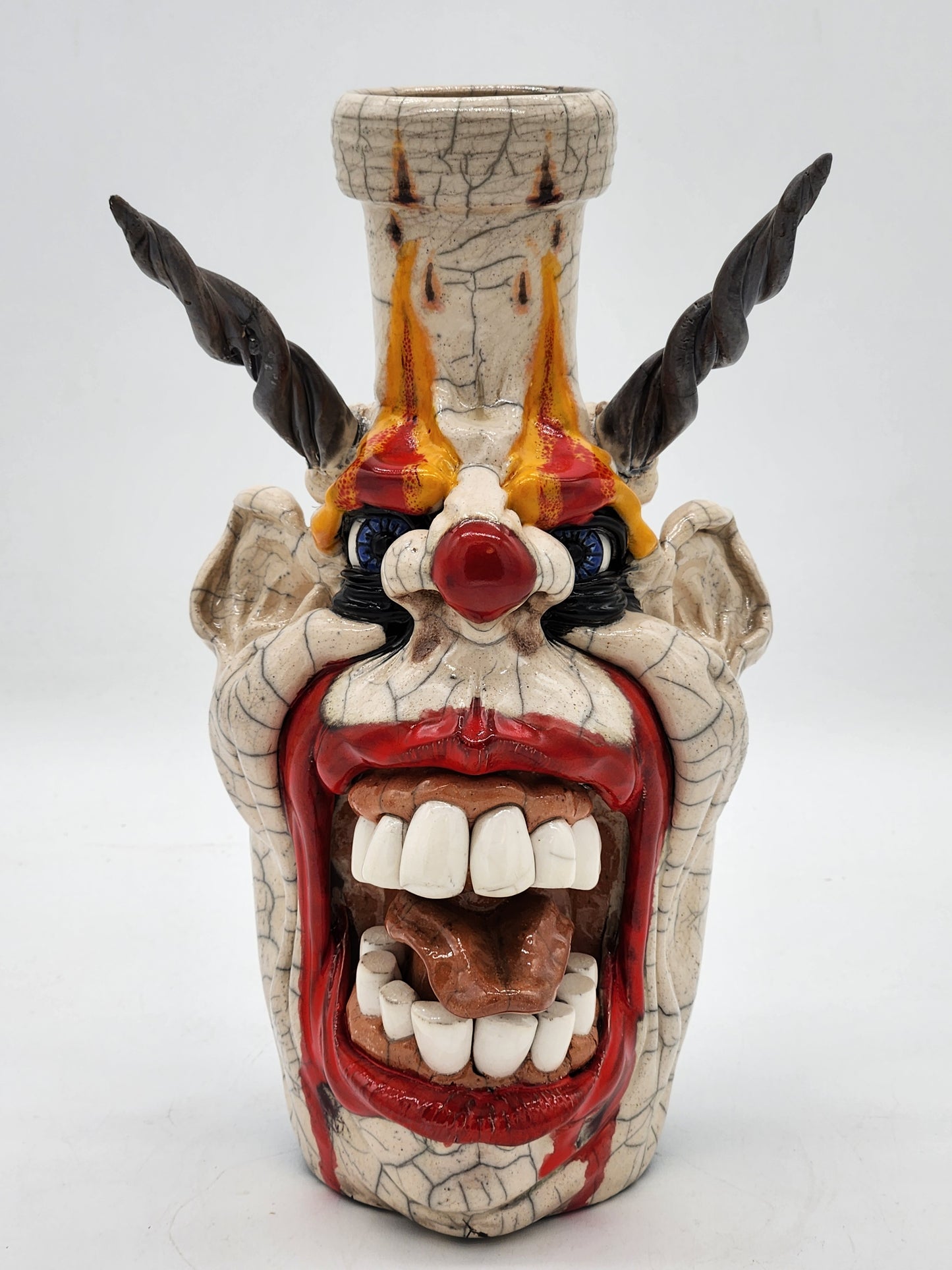 Crackled Clown Demon Face Jug Sculpture – Signed & Marked – Twisted Horns – One-of-a-Kind