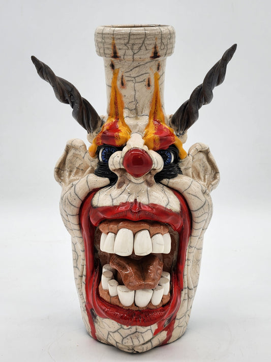 Crackled Clown Demon Face Jug Sculpture – Signed & Marked – Twisted Horns – One-of-a-Kind