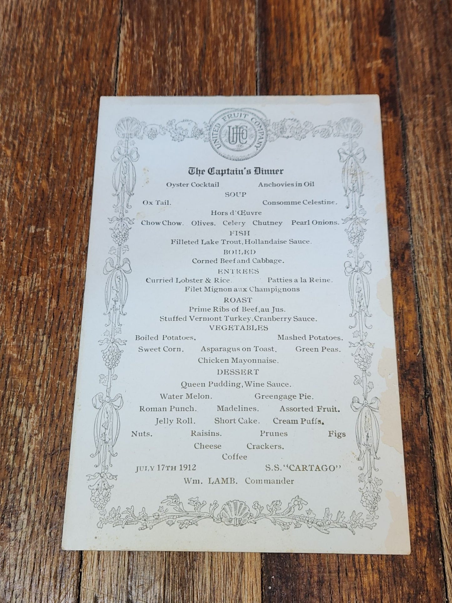 July 17th 1912 United Fruit Company, The Captain's Dinner Menu