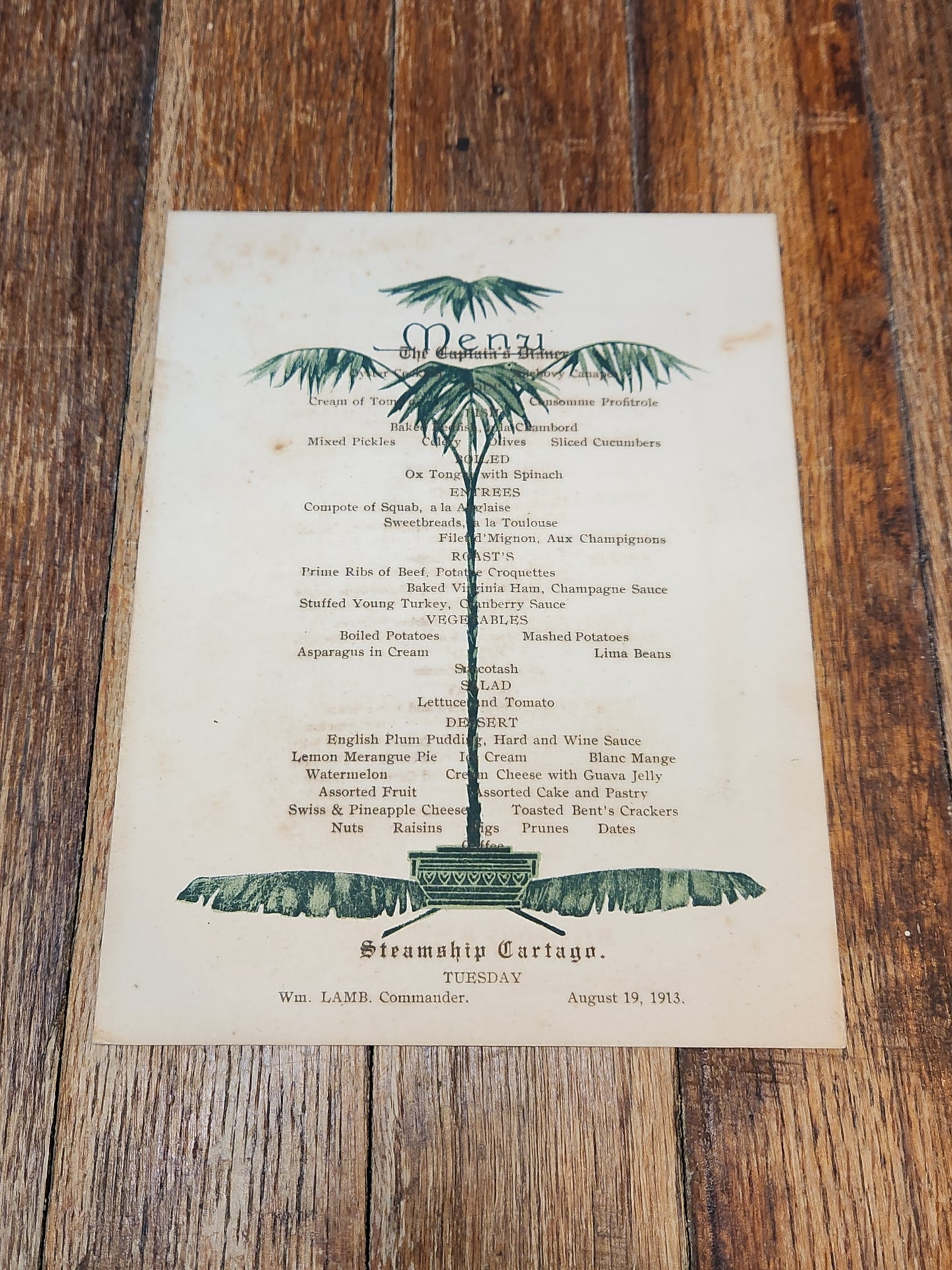 Costa Rica United Fruit Company Menu 1913