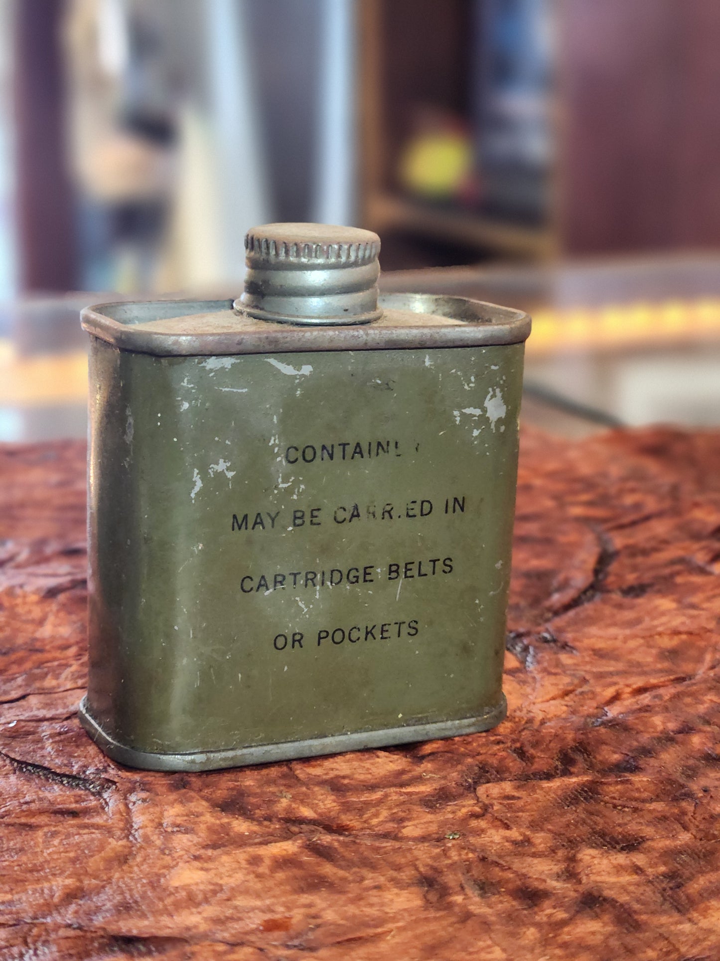 WWII U.S. Army 2 oz. oil can by M. Hollingshead Corp., Camden NJ. Olive drab military issue firearm lubricating oil tin with screw cap, marked “POISON – Not for food container”