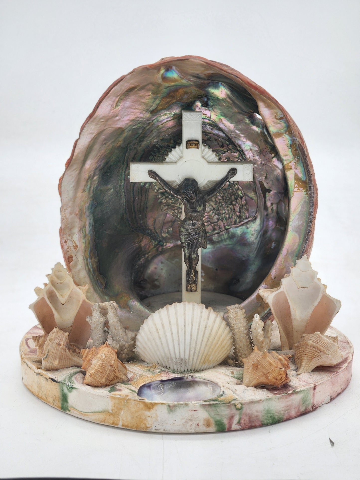 Vintage Seashell Abalone Shell Crucifix Shrine Grotto Jesus Folk Art Marbleized