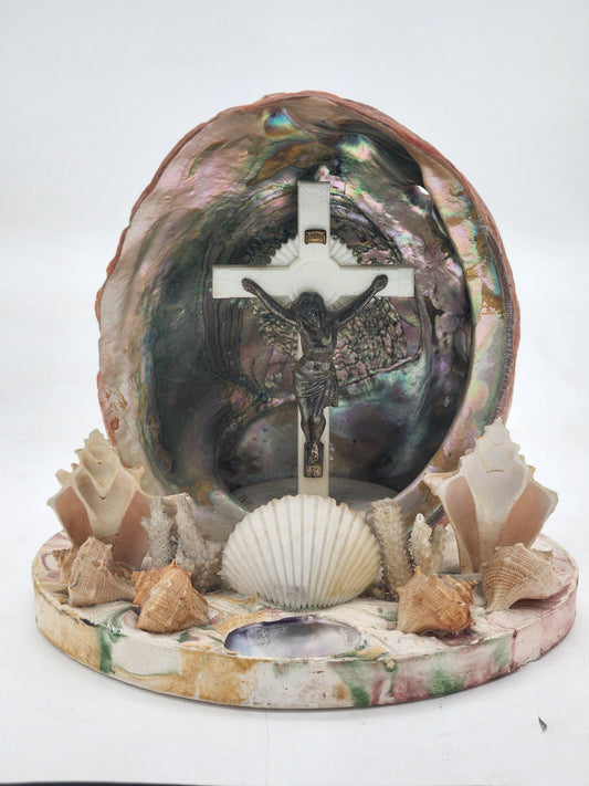 Vintage Seashell Abalone Shell Crucifix Shrine Grotto Jesus Folk Art Marbleized