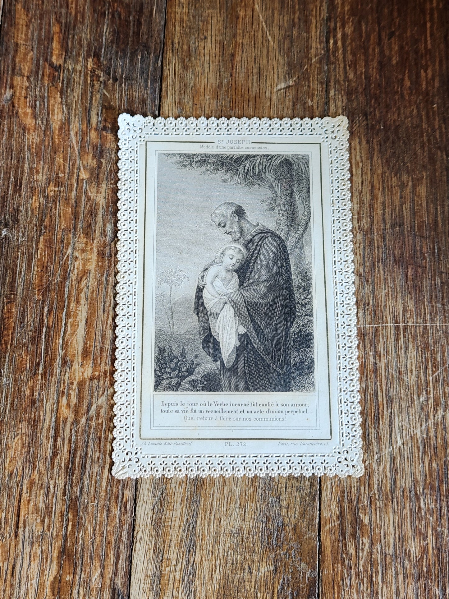 Antique French Lace Communion Card — St. Joseph with Child Jesus — c. 1880s–1890s