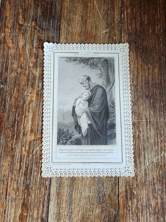 Antique French Lace Communion Card — St. Joseph with Child Jesus — c. 1880s–1890s