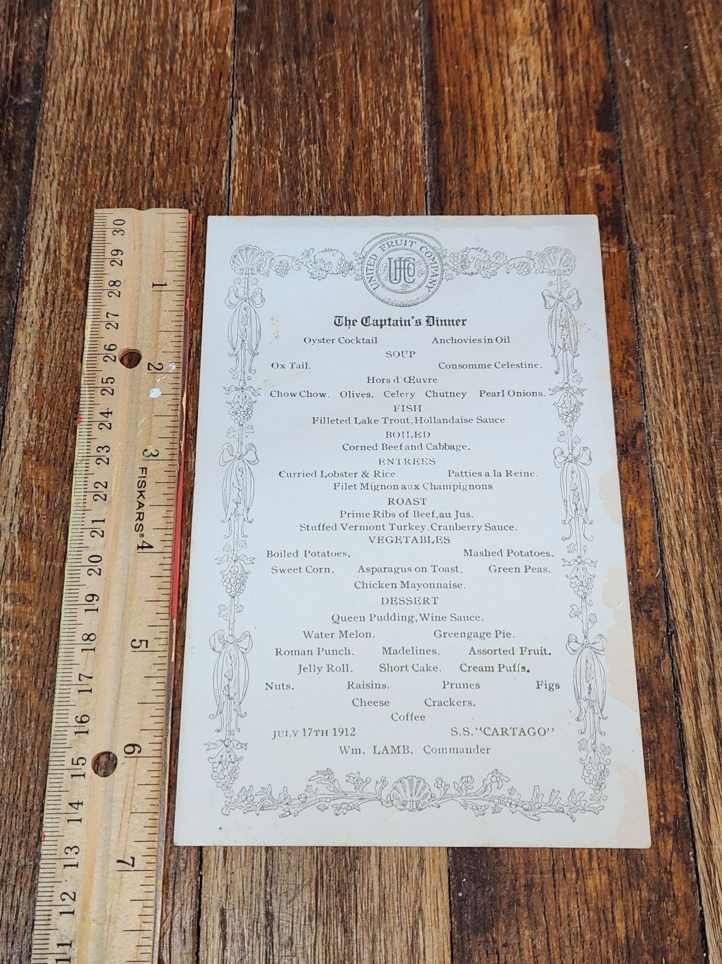 July 17th 1912 United Fruit Company, The Captain's Dinner Menu