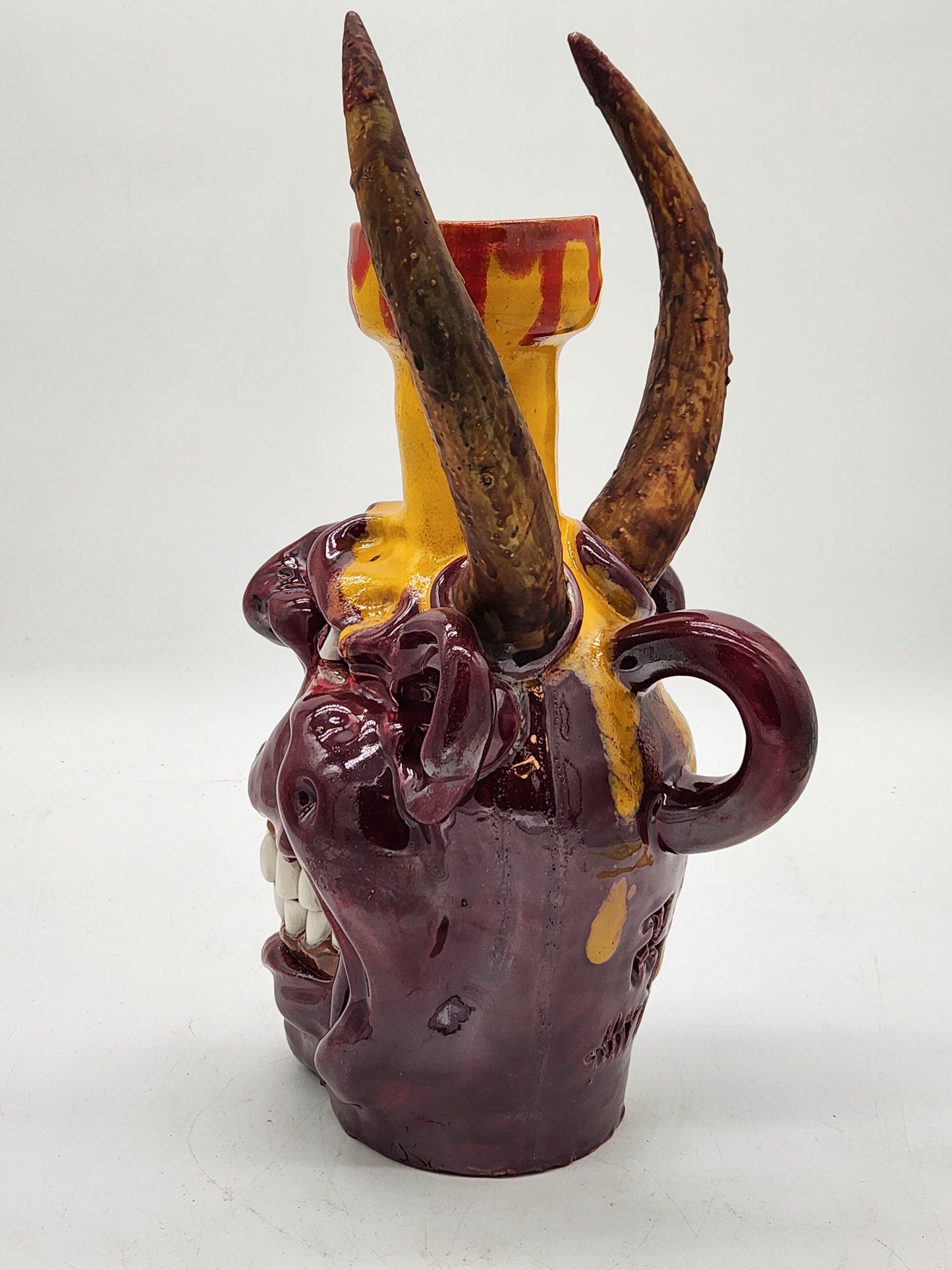 One-of-a-Kind Horned Demon Sculpture – Studio Art Pottery Face Jug – Signed & Marked