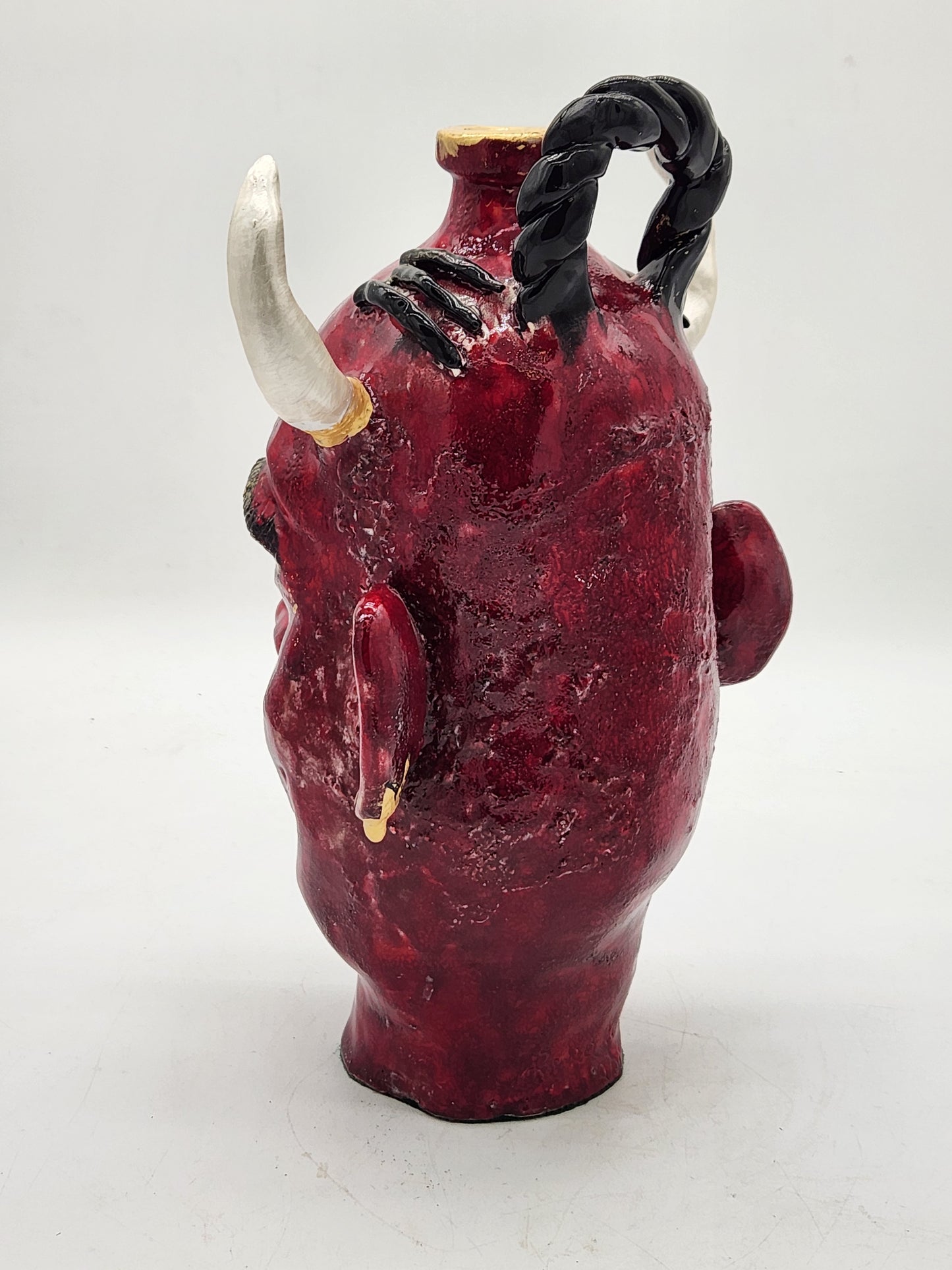 One-of-a-Kind Devil Face Jug Ceramic Sculpture Folk Art Pottery Red Glazed - Horns - Southern Style