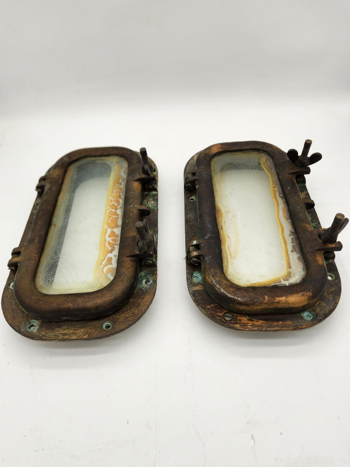 Pair Vintage Solid Bronze Oval Ship Portholes Maritime Boat Port Light Windows Salvage