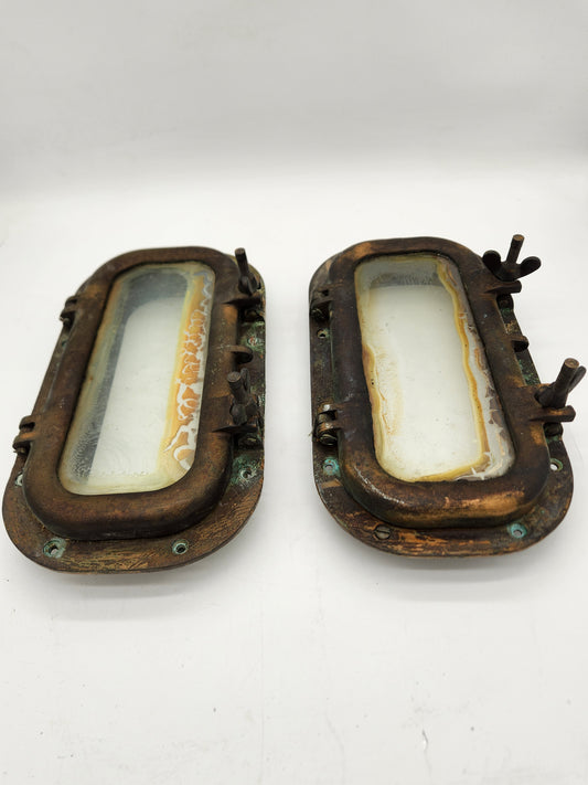 Pair Vintage Solid Bronze Oval Ship Portholes Maritime Boat Port Light Windows Salvage