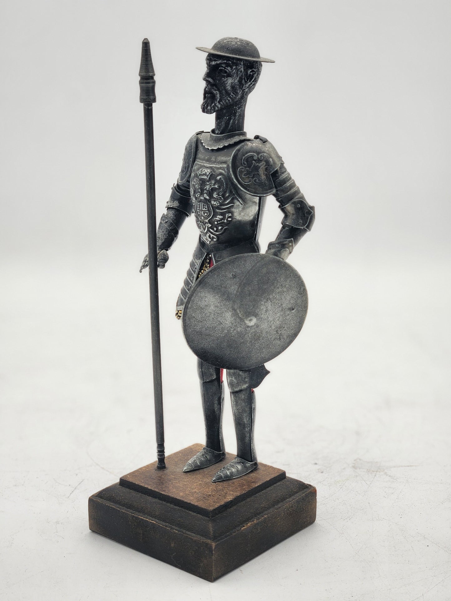 Vintage Don Quixote Metal Knight Statue Spear Shield Red Skirt Wood Base Spain