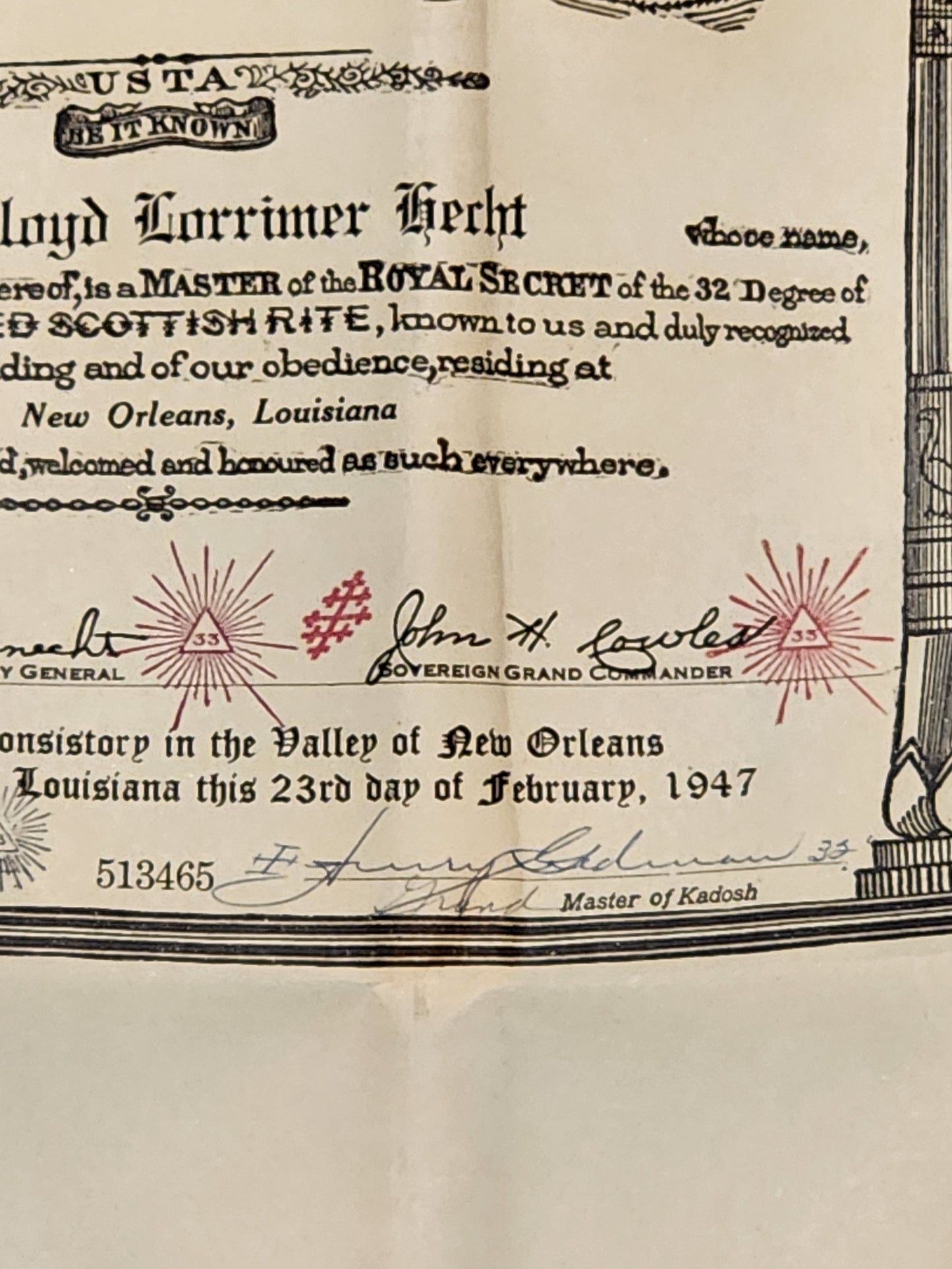 1947 Scottish Rite 32° Masonic Certificate – New Orleans + Leather Folder