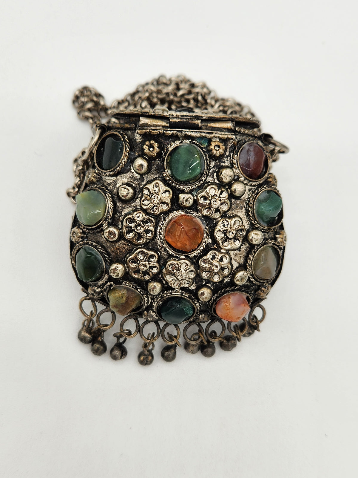Antique 1920s Art Deco Jeweled Chatelaine Coin Purse Box Agate Carnelian Hardstone
