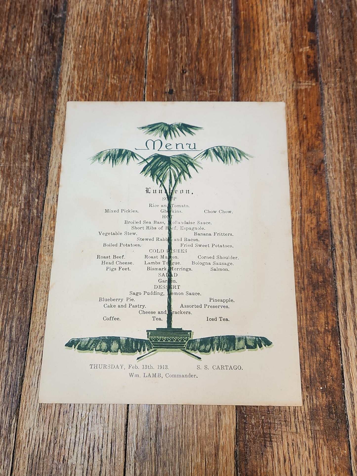 Steamship Cartago Feb. 13th 1913 United Fruit Company Luncheon Menu